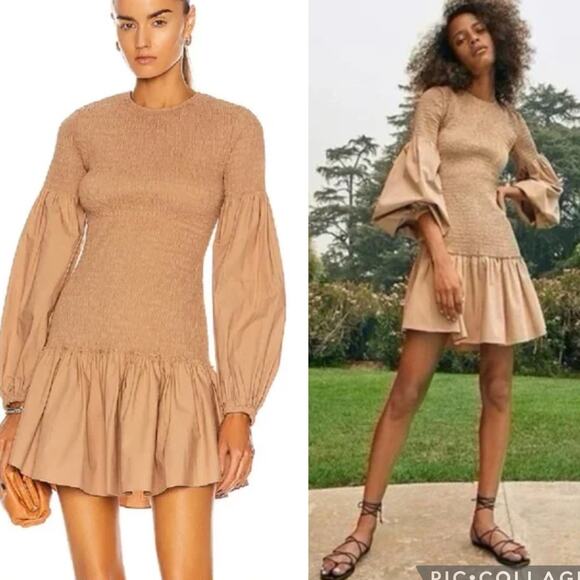 A.L.C. Kora Mini Dress Smocked Ruched Ruffle Hem Nude Neutral M 6 ALC Crewneck - Picture 1 of 12